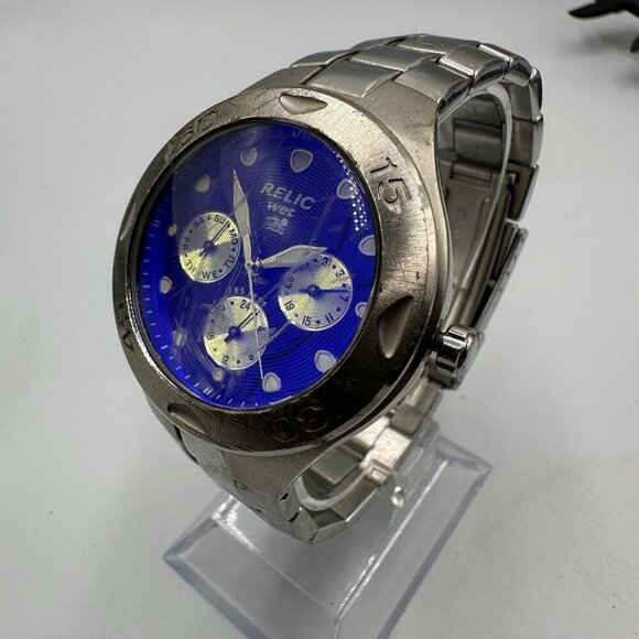 3/$30 Relic Watch Men Silver Tone Blue Day Date Multi Dial 39MM New Battery - Picture 5 of 15
